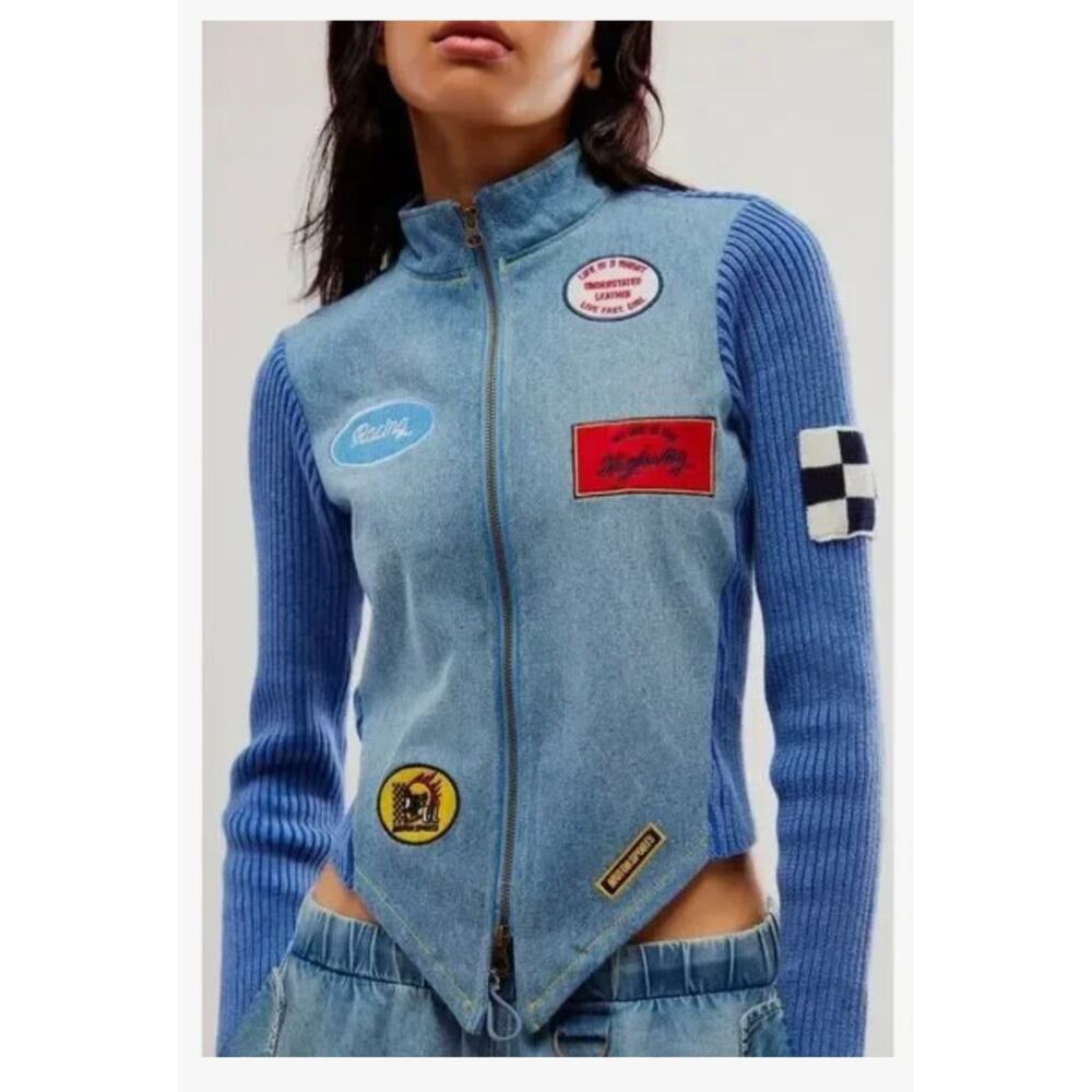 Free People Understated Leather Denim Racing Moto Jacket Motor Sports Small $348 - Picture 2 of 8